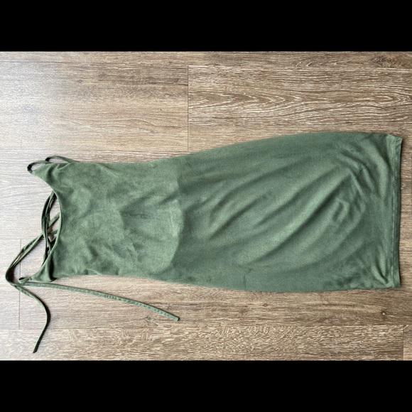 Fitted Olive Green Faux Suede Dress Size Small - Picture 2 of 12